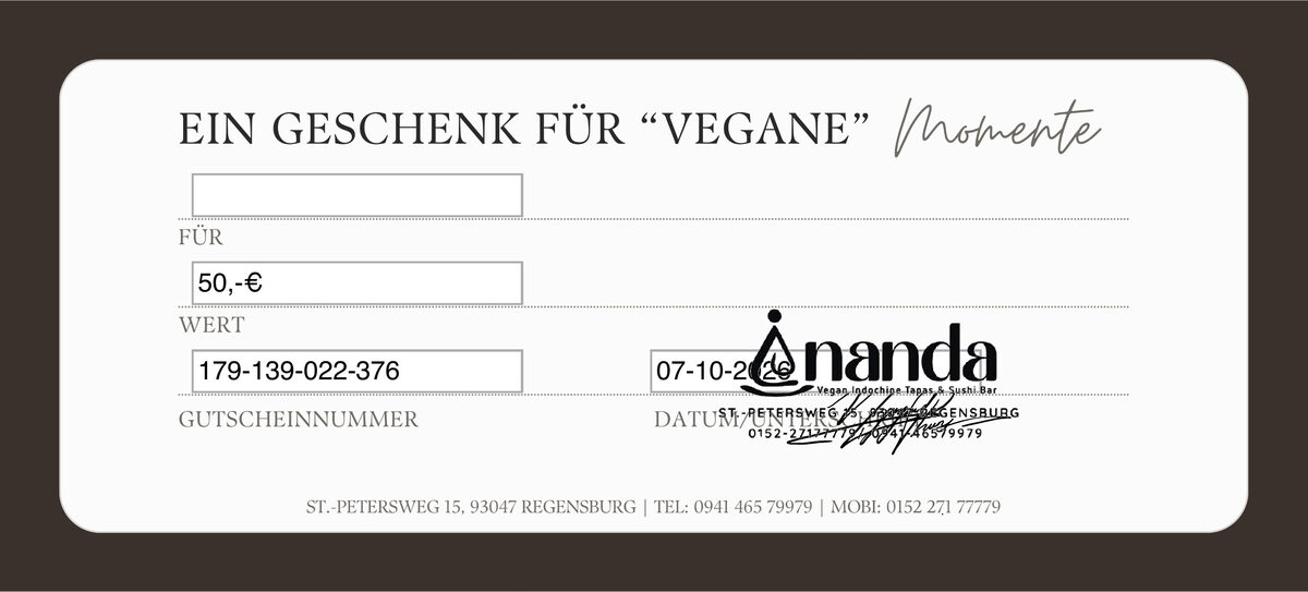Gutschein Ananda, Rückseite: 50 Euro, Gutscheinnummer 179-139-022-376